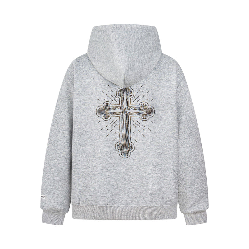 Back view of light gray zip hoodie with large rhinestone cross and star-print hood lining