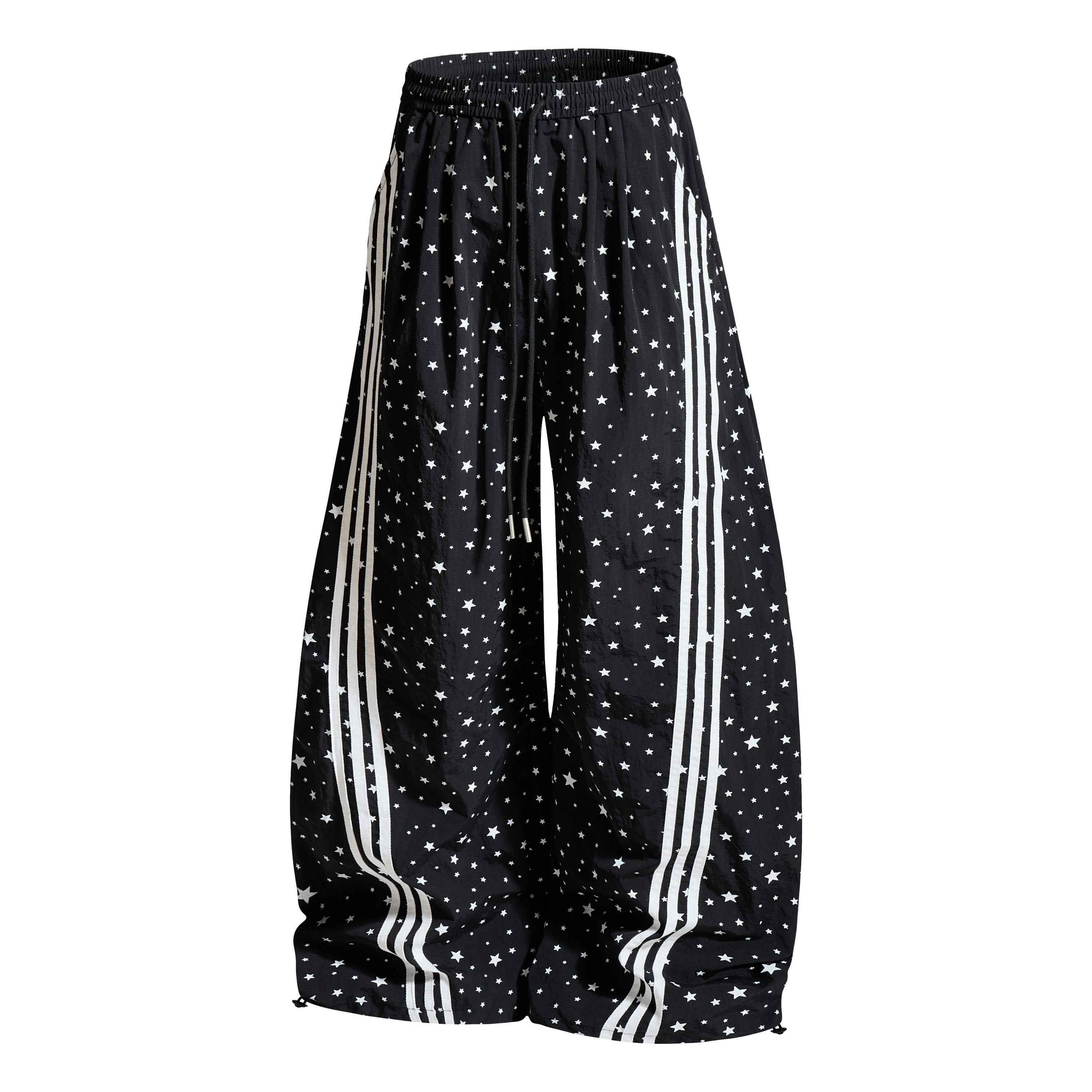 Star Print Wide-Leg Track Pants with Side Stripes | Streetwear