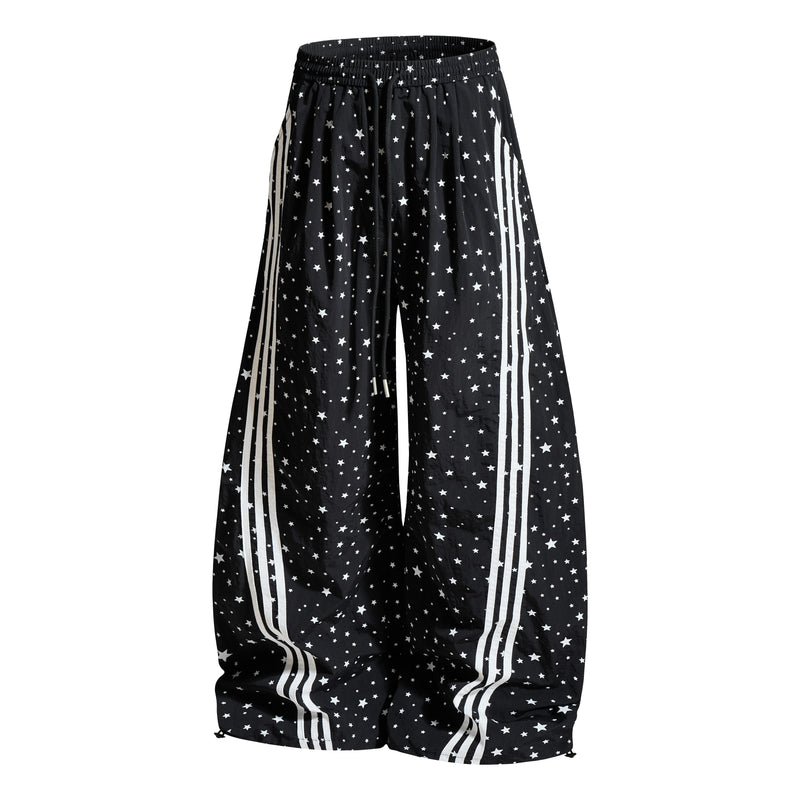 Star Print Wide-Leg Track Pants with Side Stripes | Streetwear