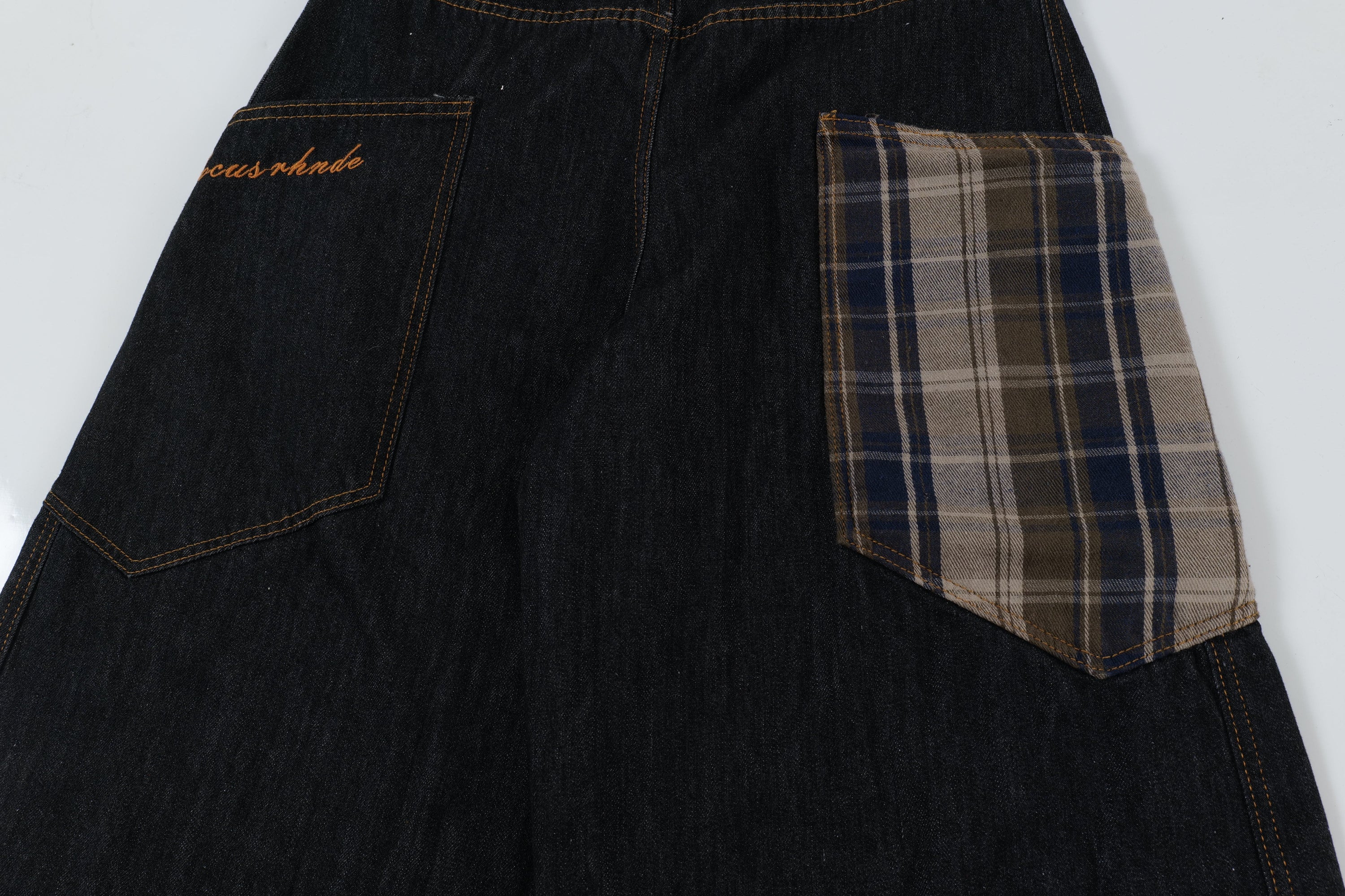 Plaid Patch Curved Seam Wide-Leg Denim Jeans | RHNDE