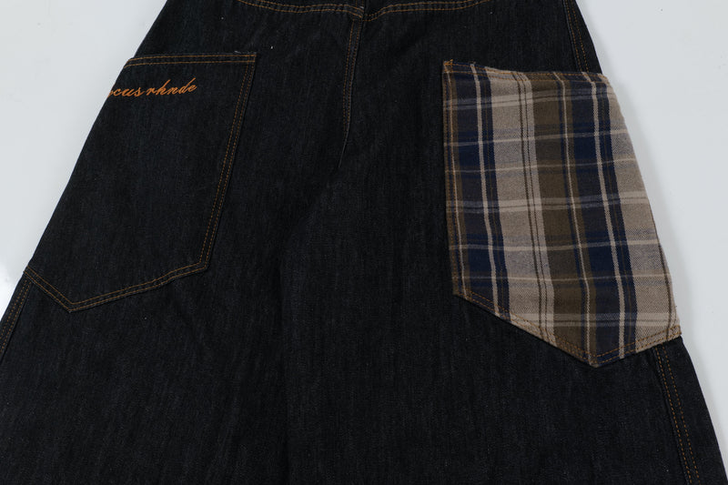 Plaid Patch Curved Seam Wide-Leg Denim Jeans | RHNDE