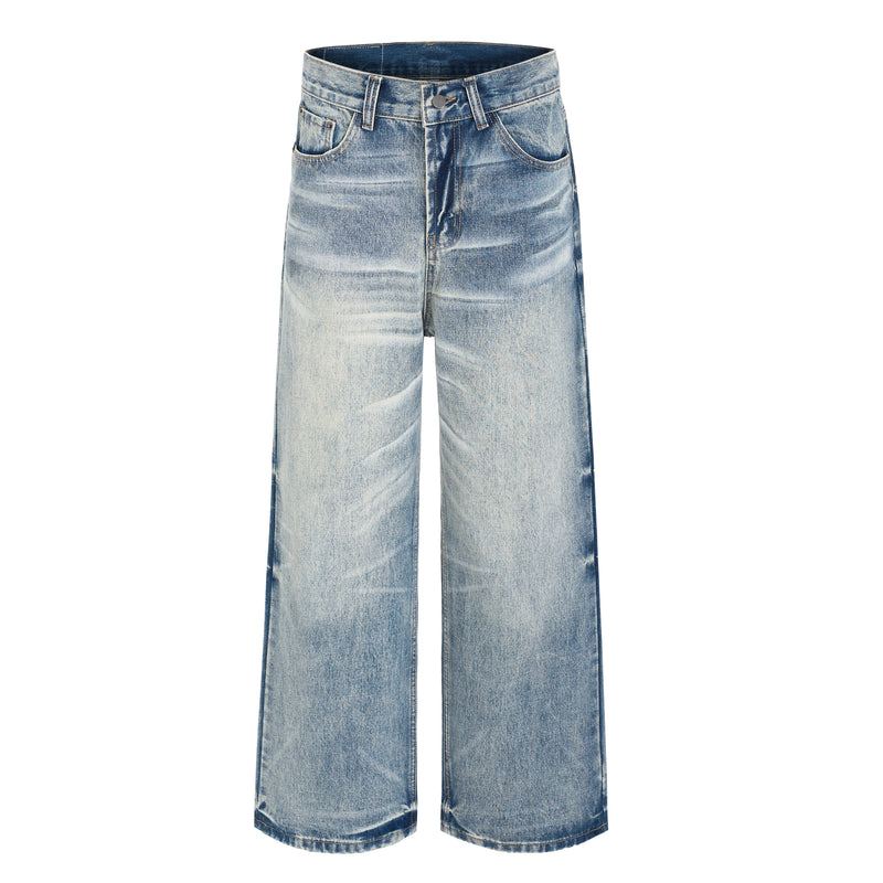 Front view of light-wash wide-leg jeans with five pockets and a button fly