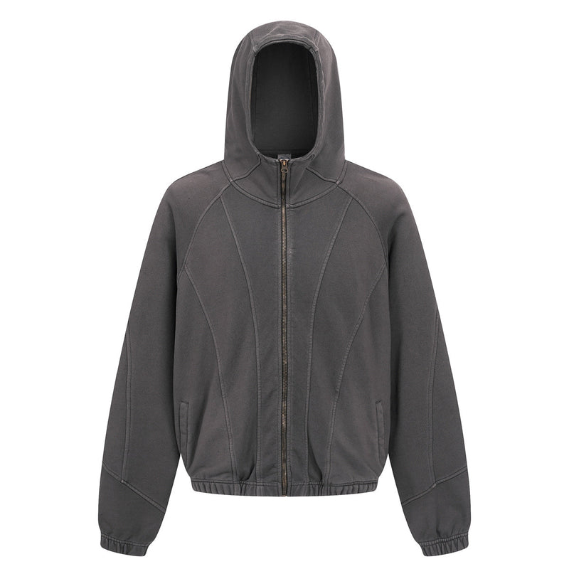 Charcoal gray full-zip hoodie with curved seam panels, front view on white background