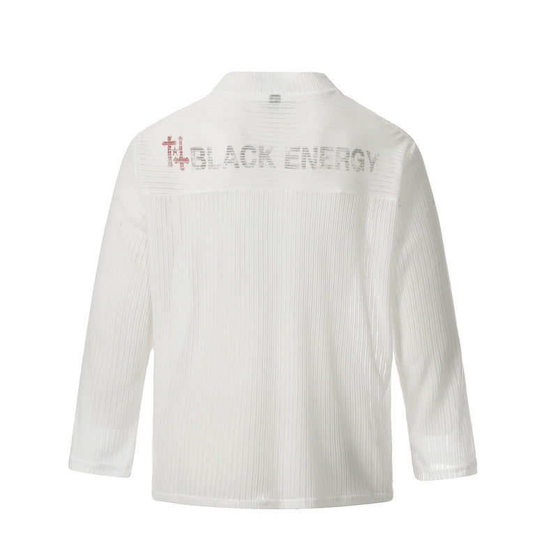 White ribbed long sleeve V-neck tee with faded BLACK ENERGY graphic on back