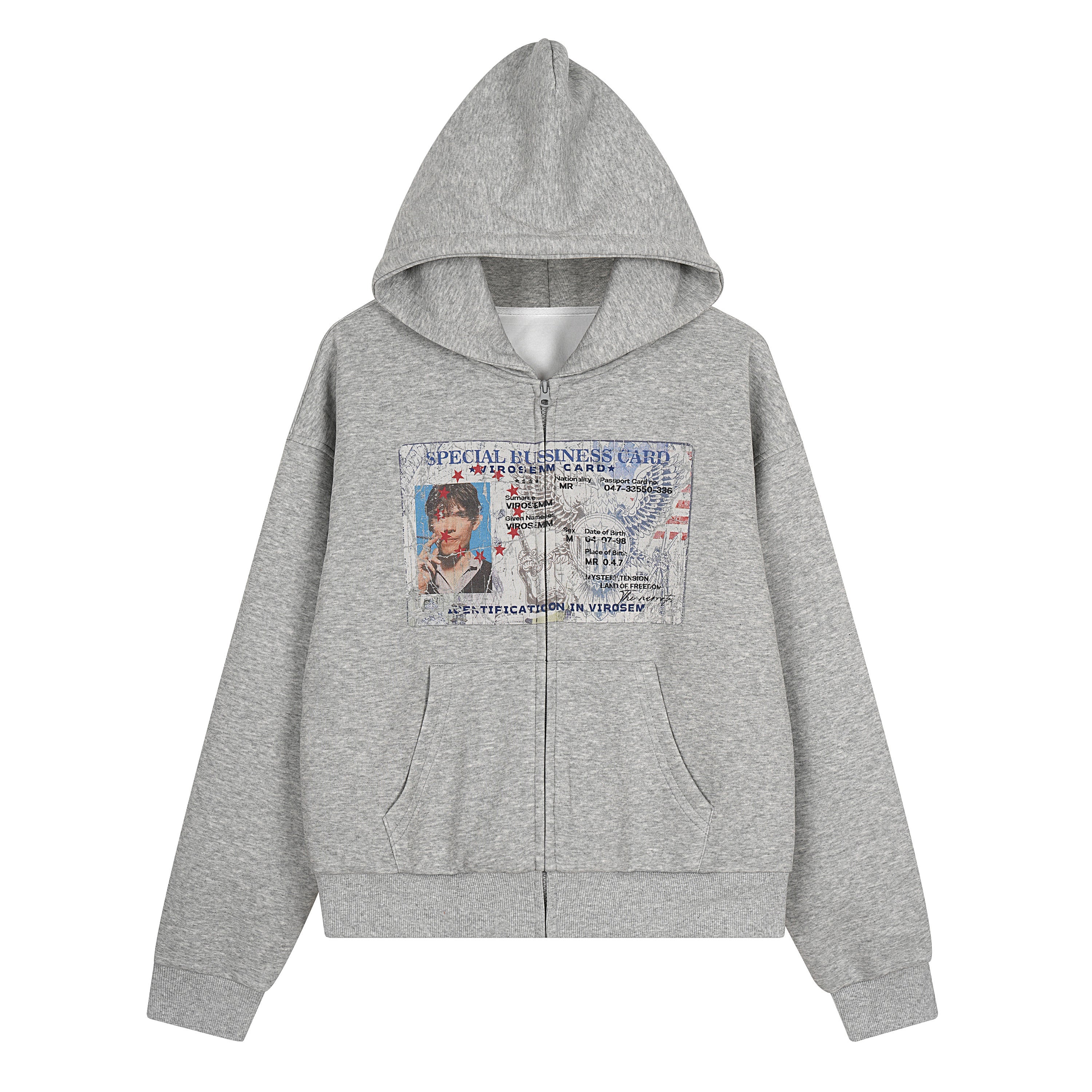 Heather grey zip-up hoodie with vintage ID card graphic print on chest, front view, relaxed fit