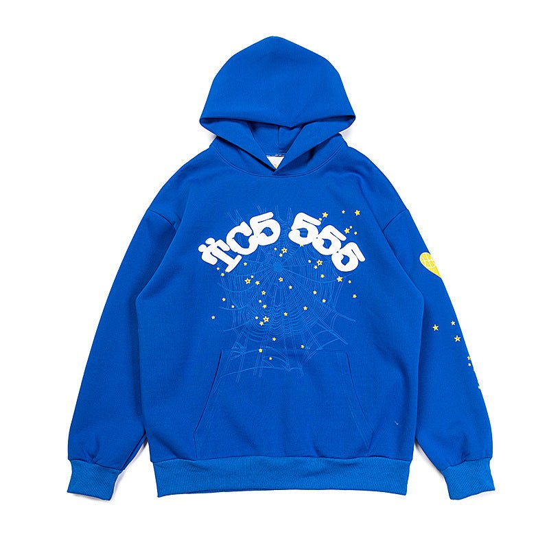 Bold Blue Sp5der Hoodie - Trendy Web and Star Print Hooded Sweatshirt - Seakoff