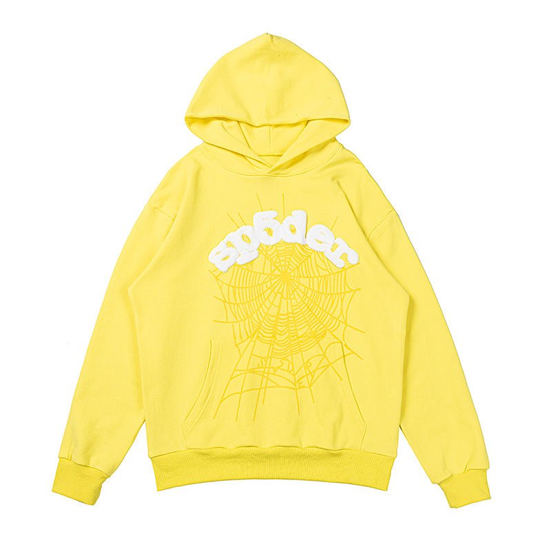 Bright Yellow Sp5der Hoodie - Trendy Web Print Hooded Sweatshirt - Seakoff