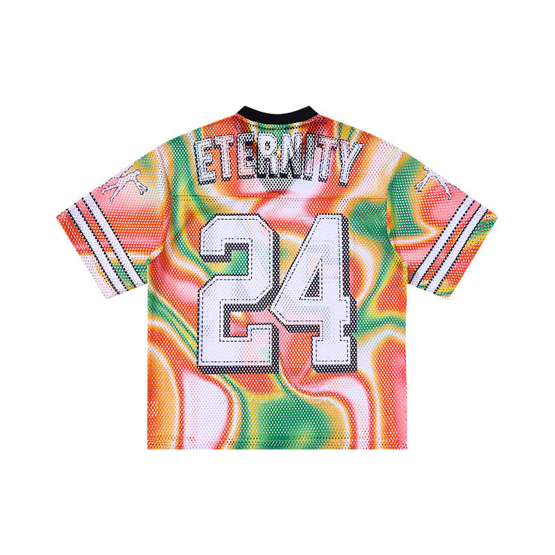 Seakoff Eternity 24 mesh jersey T-shirt with vibrant gradient print, large number 24, and striped sleeves