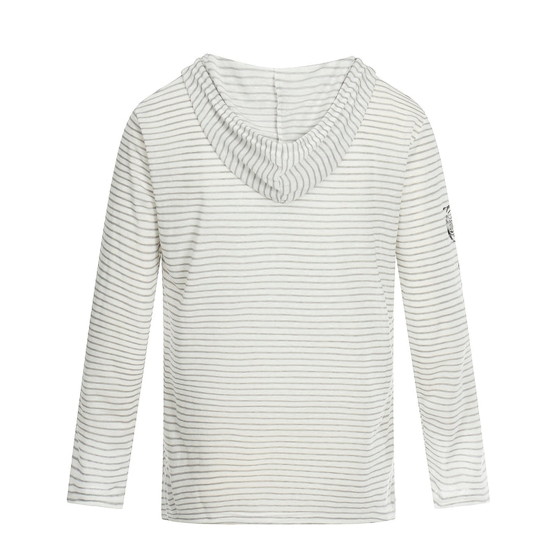 Back view of white striped hoodie tee with plain hood and long sleeves