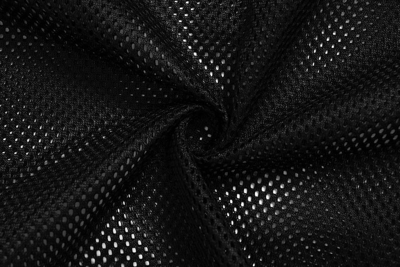 Close-up of black Gothic mesh jersey fabric with a textured perforated pattern and dramatic streetwear styling