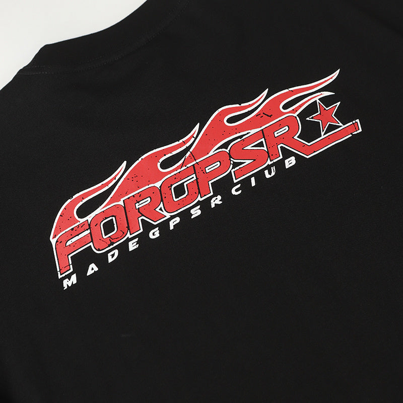 Black cotton T-shirt with red flaming FORCPSR racing graphic and MADEGPSR text across the chest