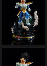 The Dragon Ball Z Collectible Figure Set by Seakoff features a 17cm Piccolo, Vegeta, and Cell. One variation has Vegeta in blue and white armor with yellow accents, spiky black hair, and a scouter on one eye, standing on a black base with smoke effects—a must-have for fans.