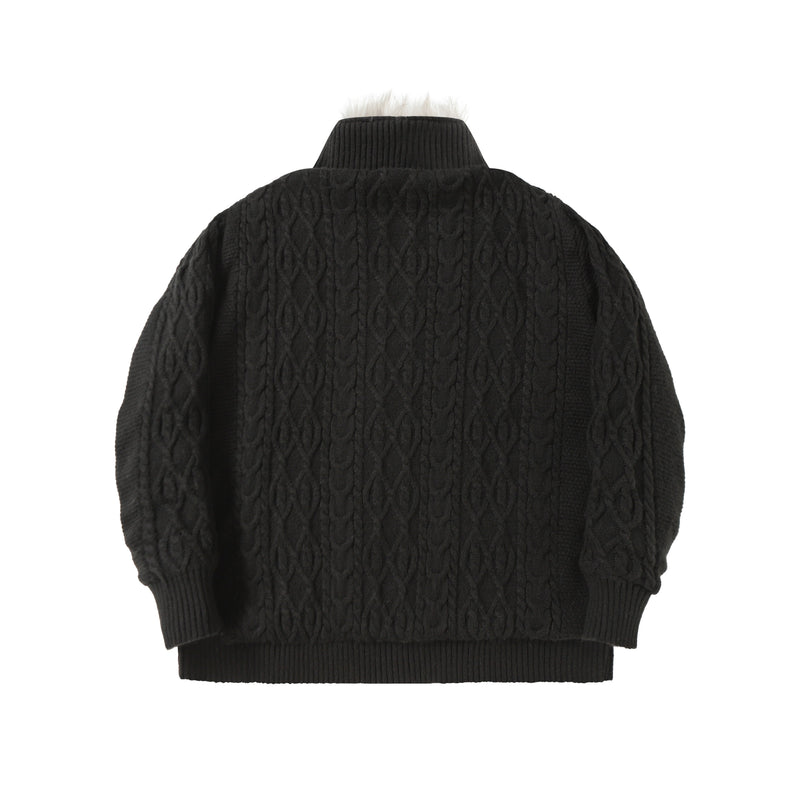 Fleece-Lined Cable Knit Zip Jacket | Faux Fur Collar