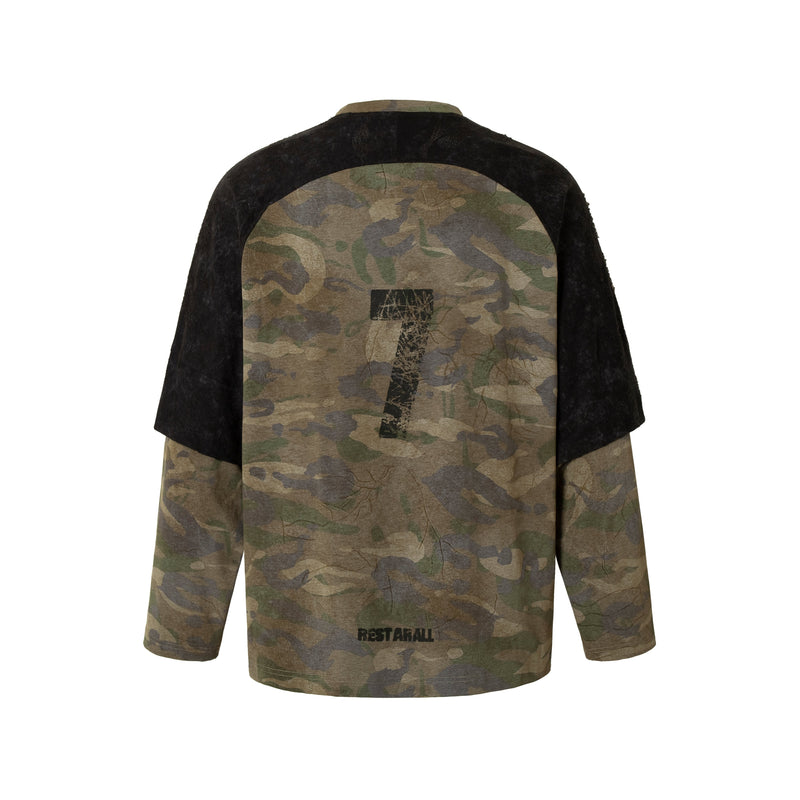 Back view of oversized camo long sleeve tee with black sleeves and large distressed number graphic