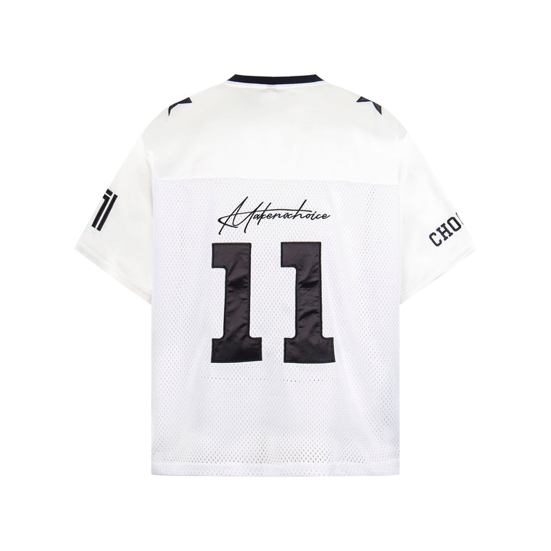 White mesh jersey tee with black number 11, varsity-style lettering, and sporty streetwear details on the back