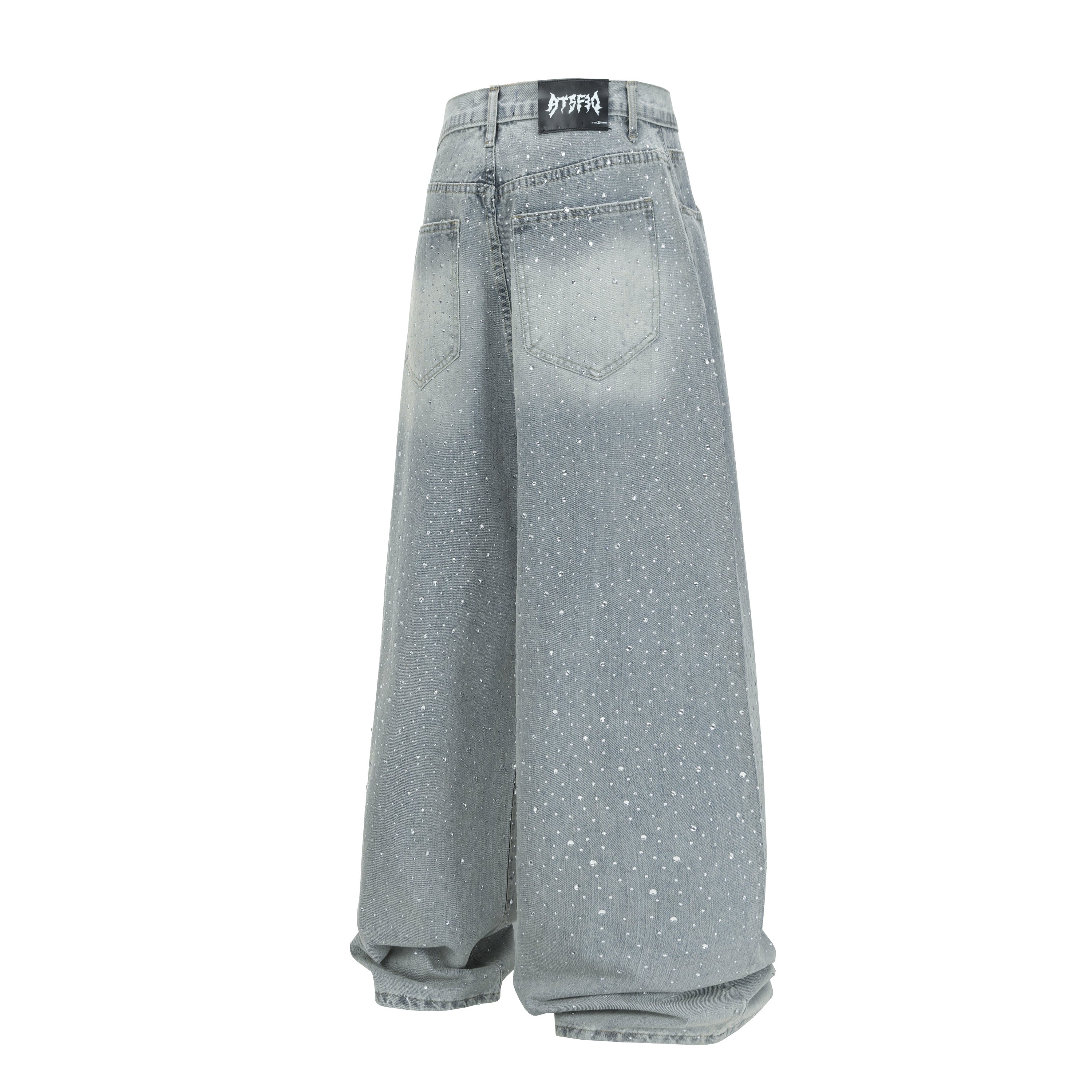 Light-Wash Rhinestone Wide-Leg Jeans | Oversized Stacked Denim