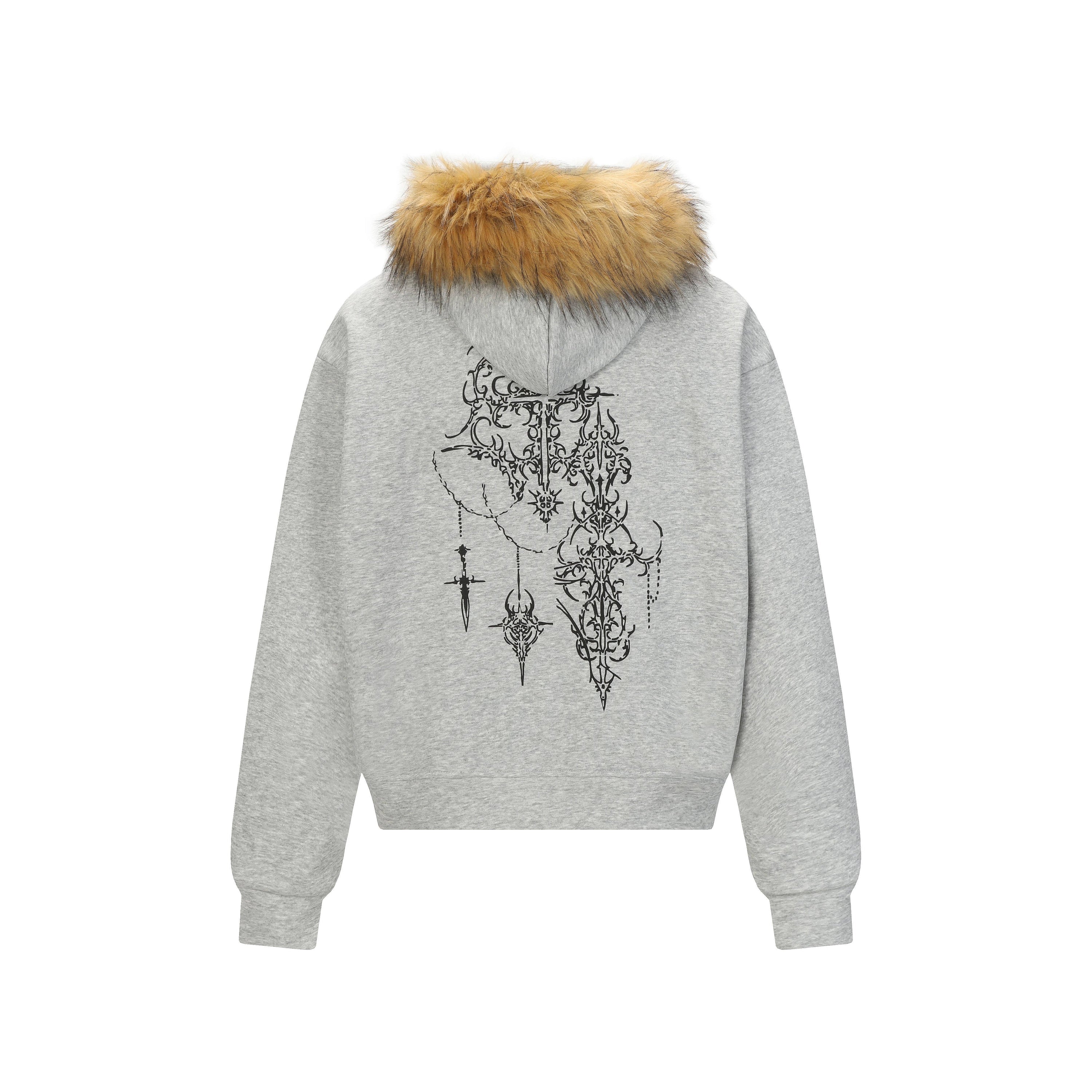 Gothic Faux Fur Hood Zip Hoodie | Medieval Knight Graphic