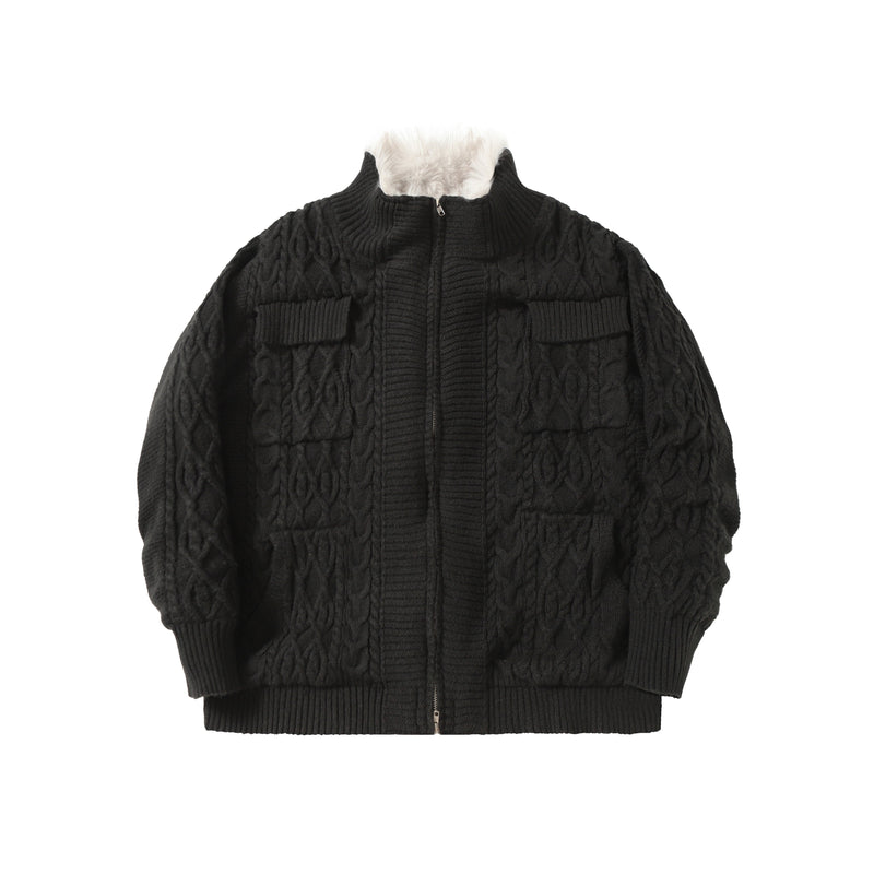 Fleece-Lined Cable Knit Zip Jacket | Faux Fur Collar