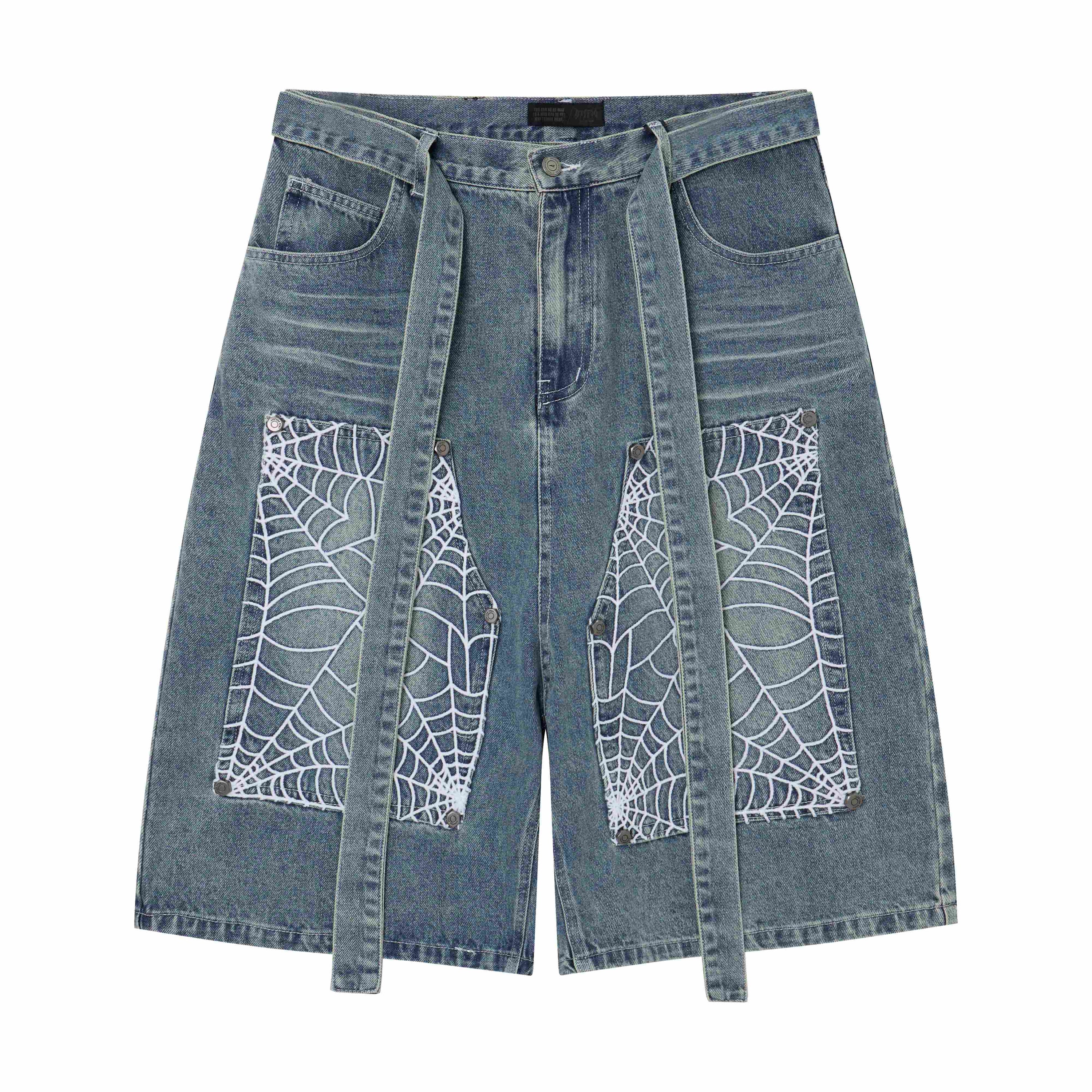 Spiderweb Panel Strap Denim Shorts | Washed Black Streetwear