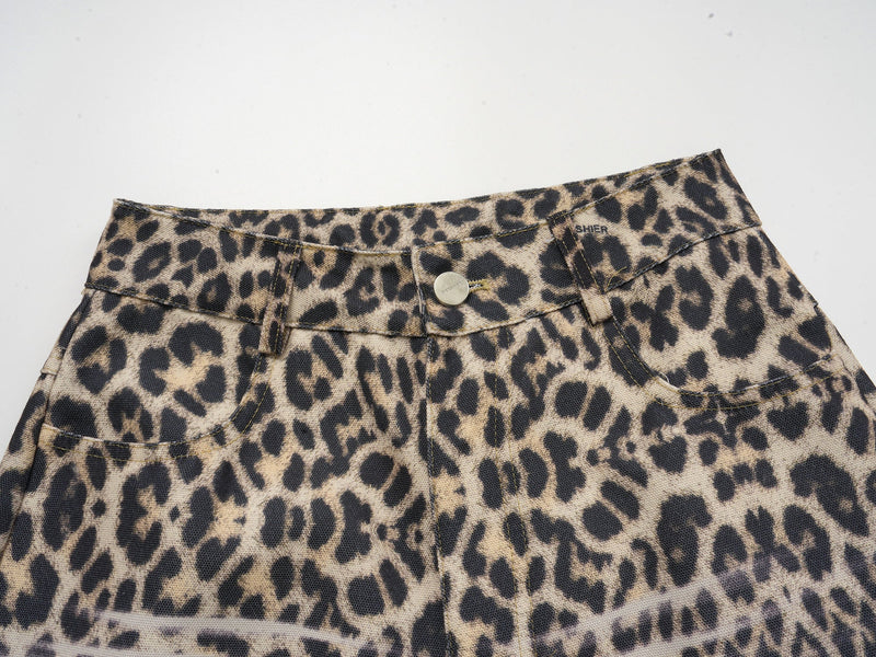 Leopard Print Wide-Leg Performance Mesh Pants | Omirad