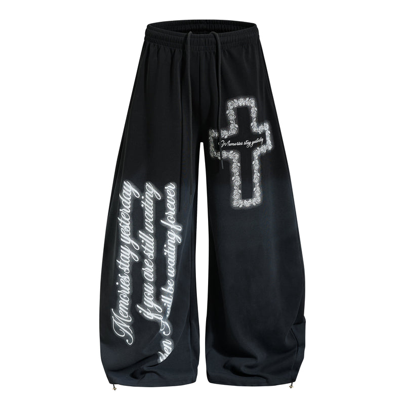 Gothic Cross Script Wide-Leg Sweatpants | Streetwear Joggers