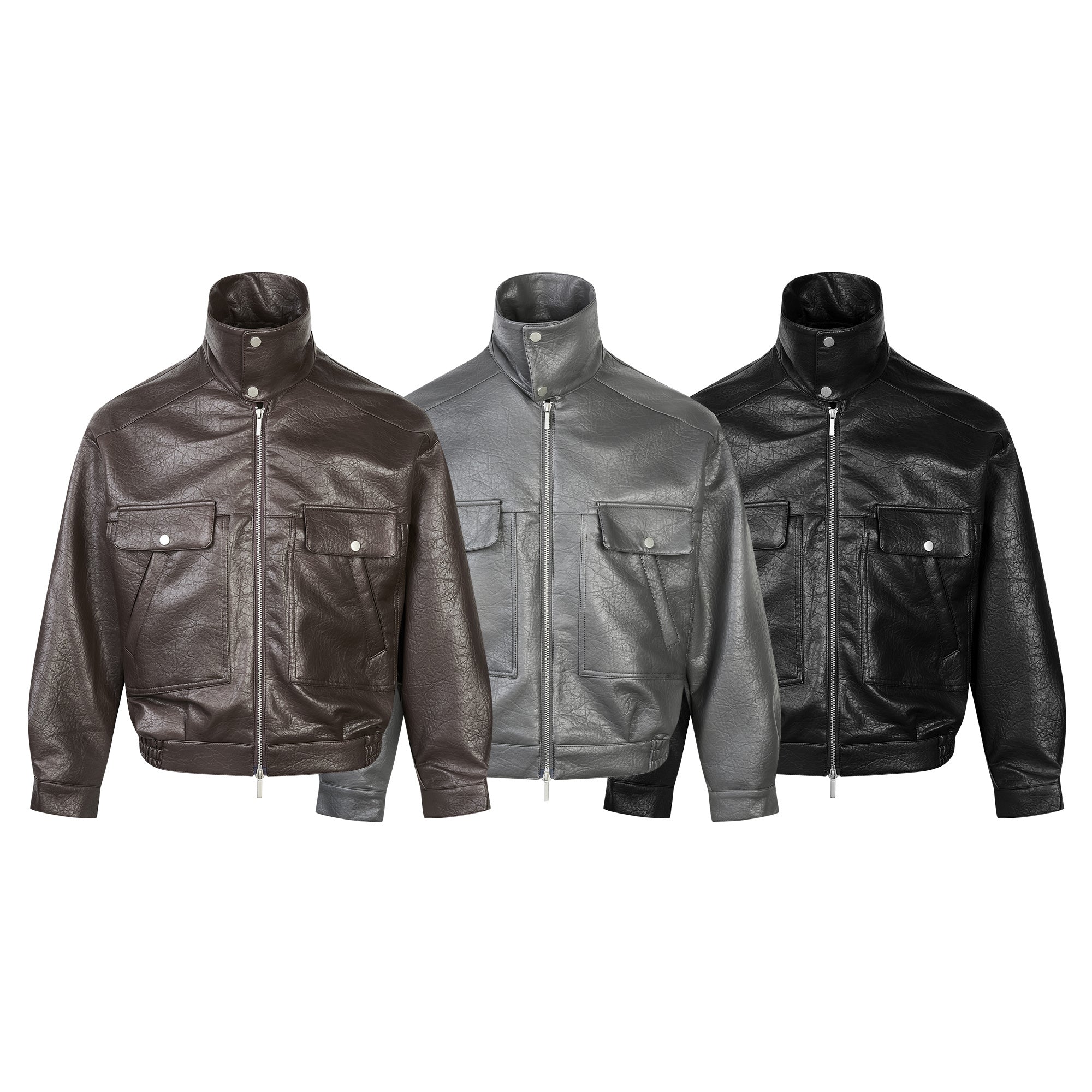 Men's black PU leather bomber jacket with dual flap chest pockets, silver zip closure, and wide stand collar, shown in three