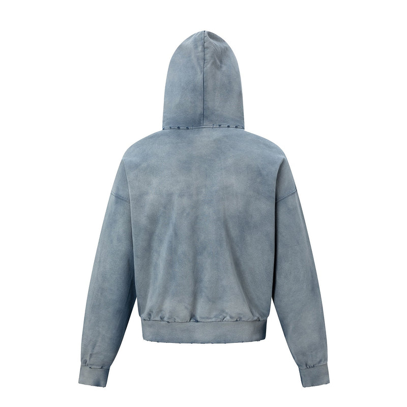 Washed blue zip-up hoodie shown from the back with ribbed hem and cuffs