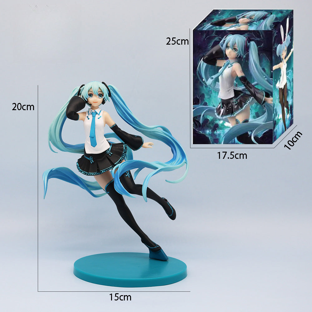 The Flying Hatsune Miku 20cm PVC Figure features her iconic turquoise hair, white top, and black skirt in an elegant flying pose on a blue base. The box mirrors her style with dimensions of 25cm x 17.5cm x 10cm. A must-have for any Vocaloid fan!.