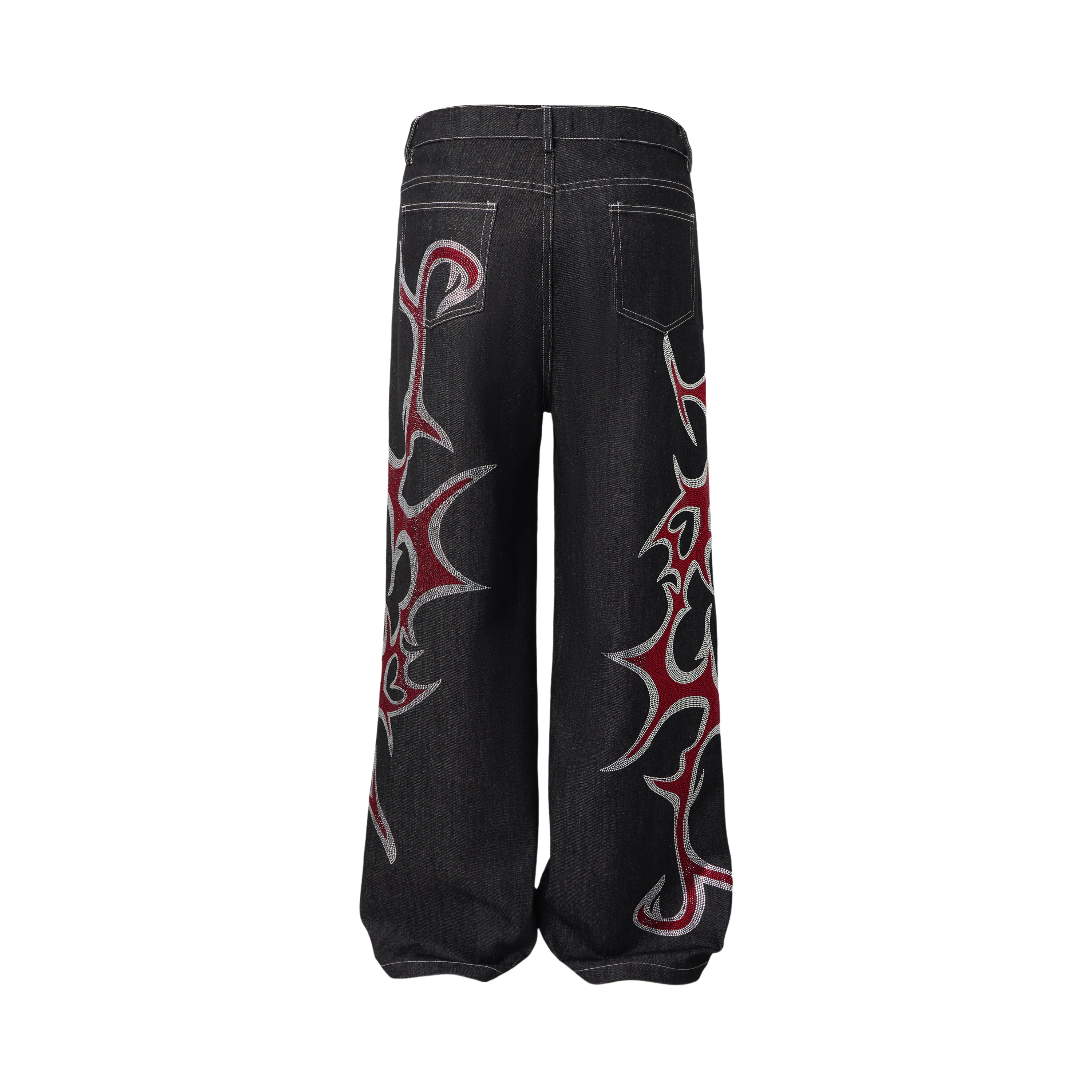 Omirad Tribal Flame Rhinestone Wide-Leg Denim Pants