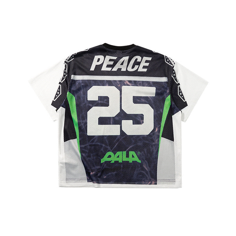 Black and white mesh jersey with PEACE 25 graphic and green accents on the back, streetwear sport tee