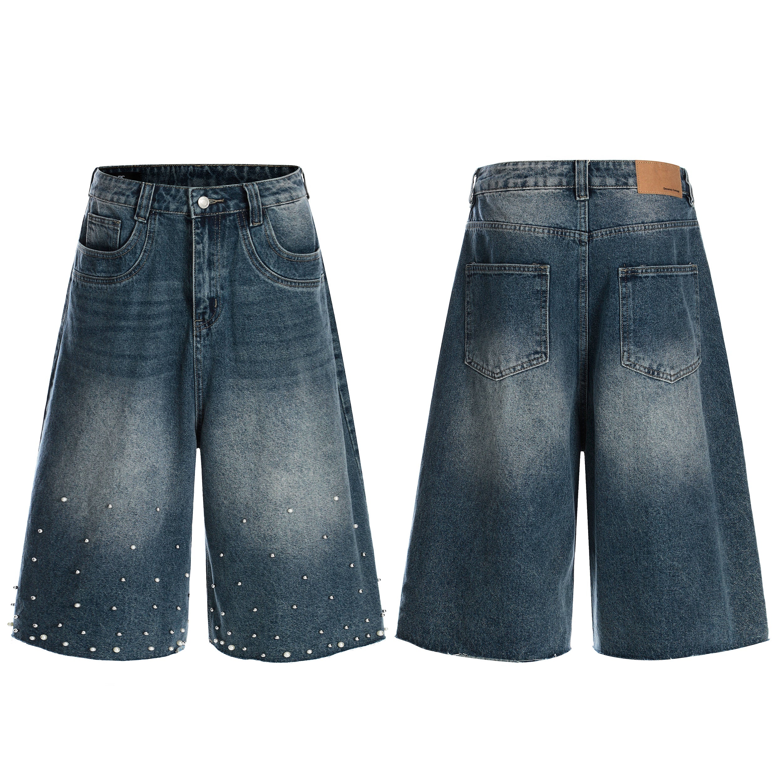 Front and back view of wide-leg blue denim shorts with scattered metal studs on lower panels and raw hem