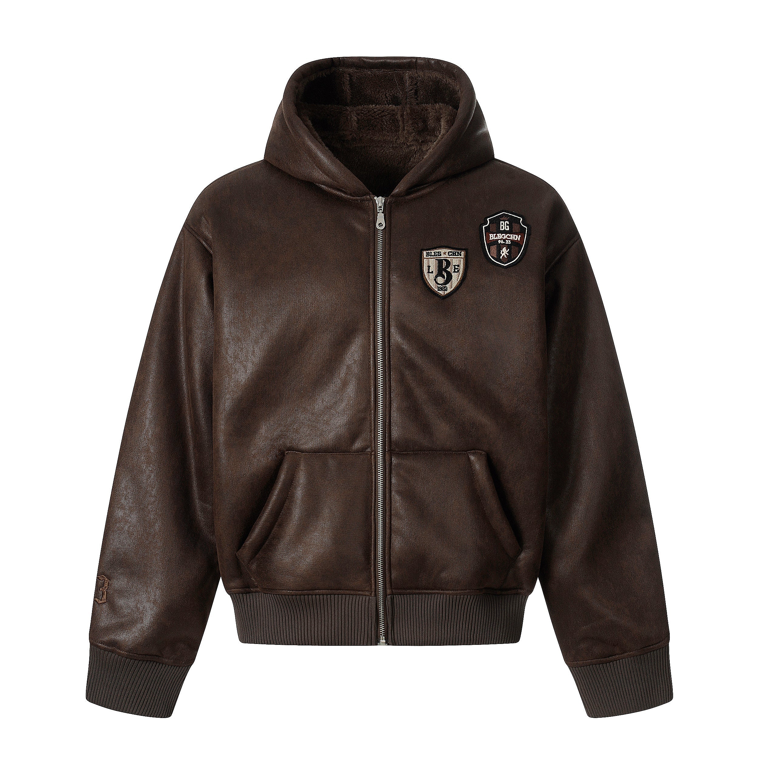 Omirad Badge PU Leather Hooded Varsity Jacket