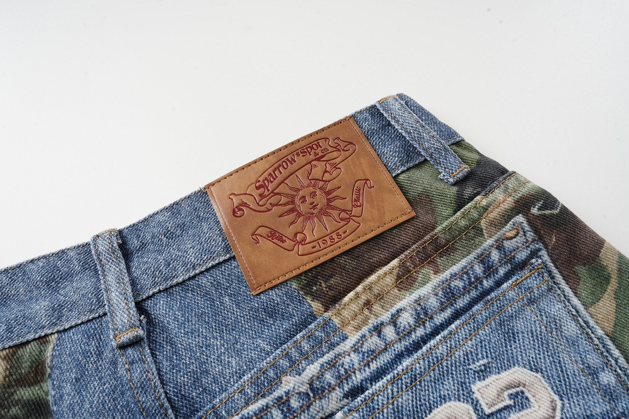 Camo Patch Denim Jorts | Y2K Varsity Streetwear Shorts