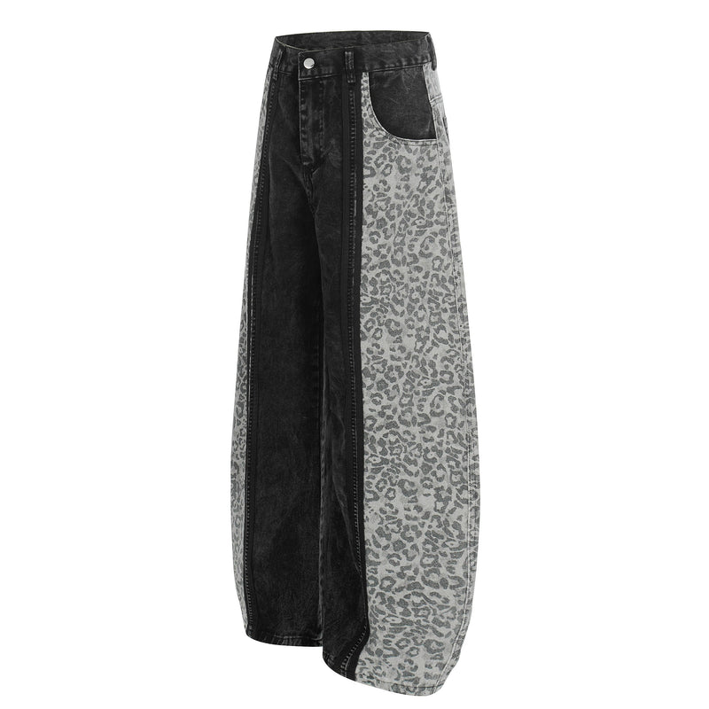 Black leopard panel wide-leg jeans, angled front view