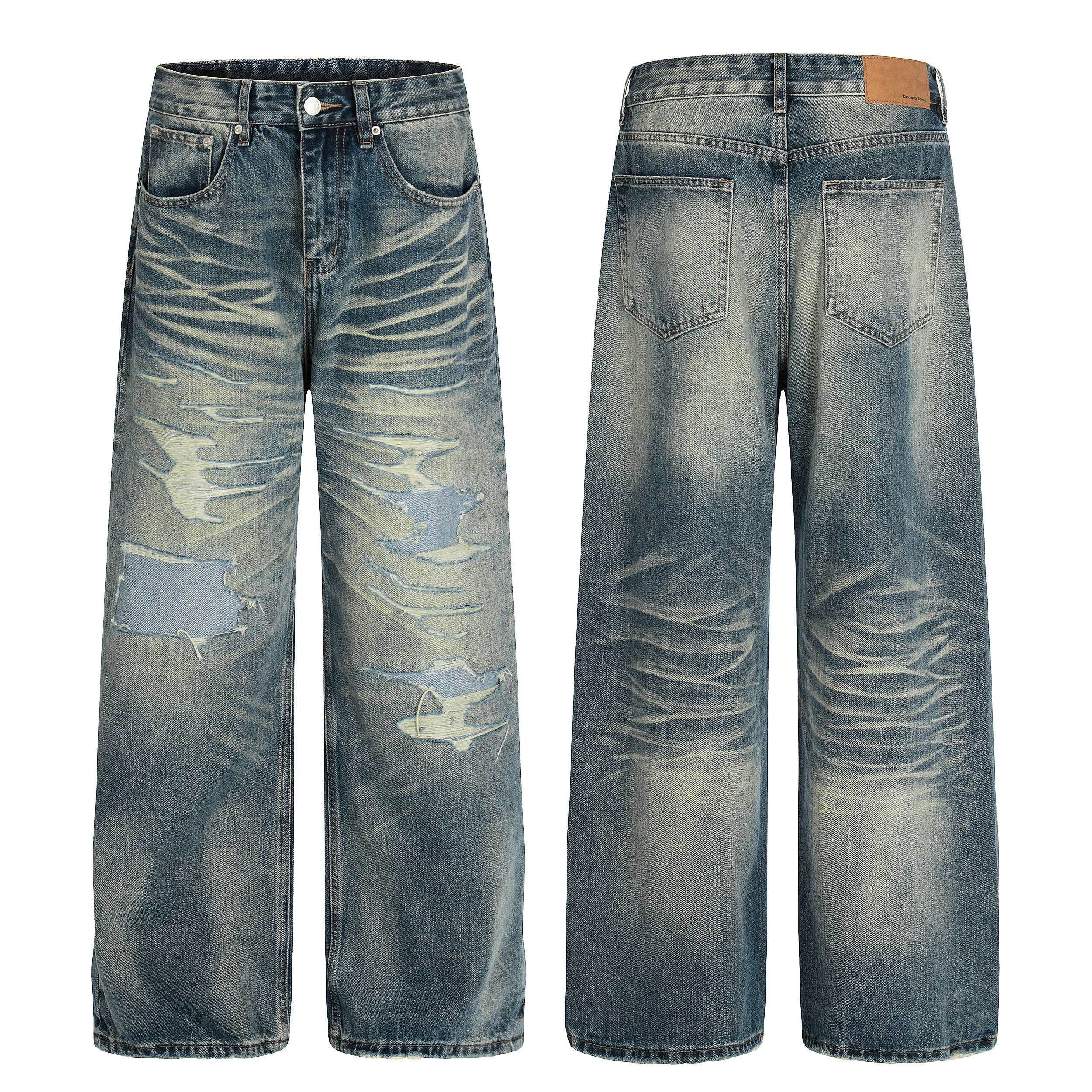 Front and back view of vintage washed distressed wide-leg jeans with heavy ripping and faded blue wash