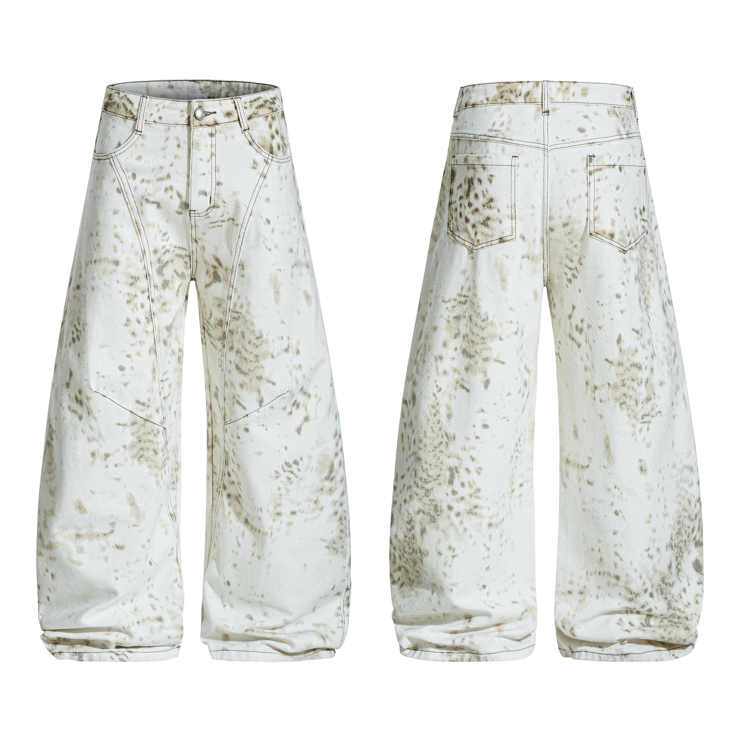 Front and back view of white wide-leg barrel jeans with olive splatter-wash finish and contrast stitching