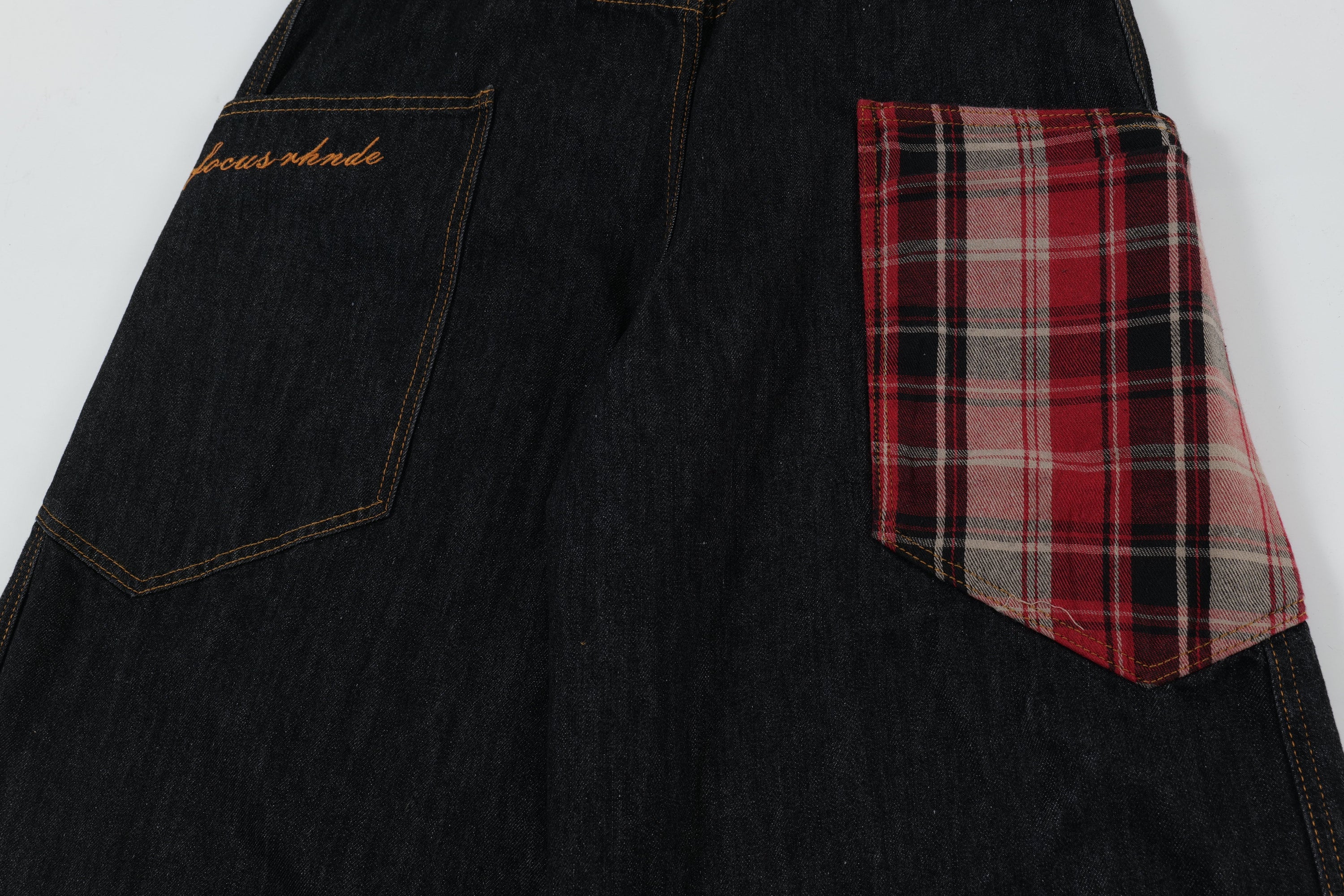 Red Plaid Patch Curved Wide-Leg Denim Jeans | Dark Indigo