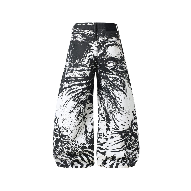 Back view of black and white animal print wide-leg jeans with large back pockets
