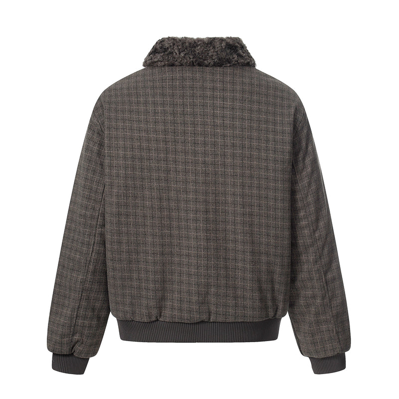 Check Pattern Faux Fur Collar Bomber Jacket | Omirad