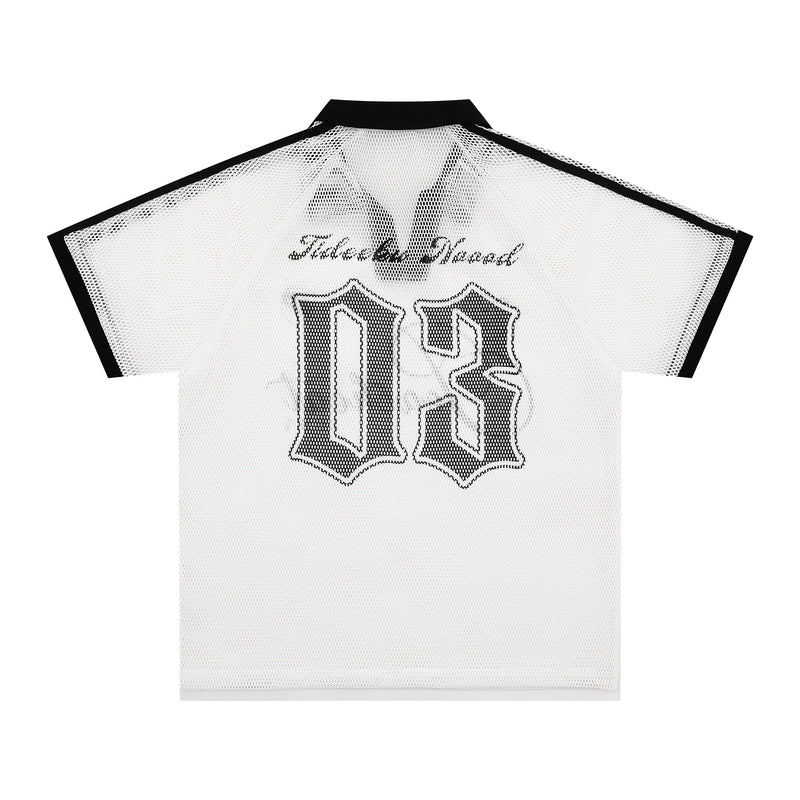 White mesh polo tee with black collar and oversized black graphic lettering on the back, retro athletic streetwear style