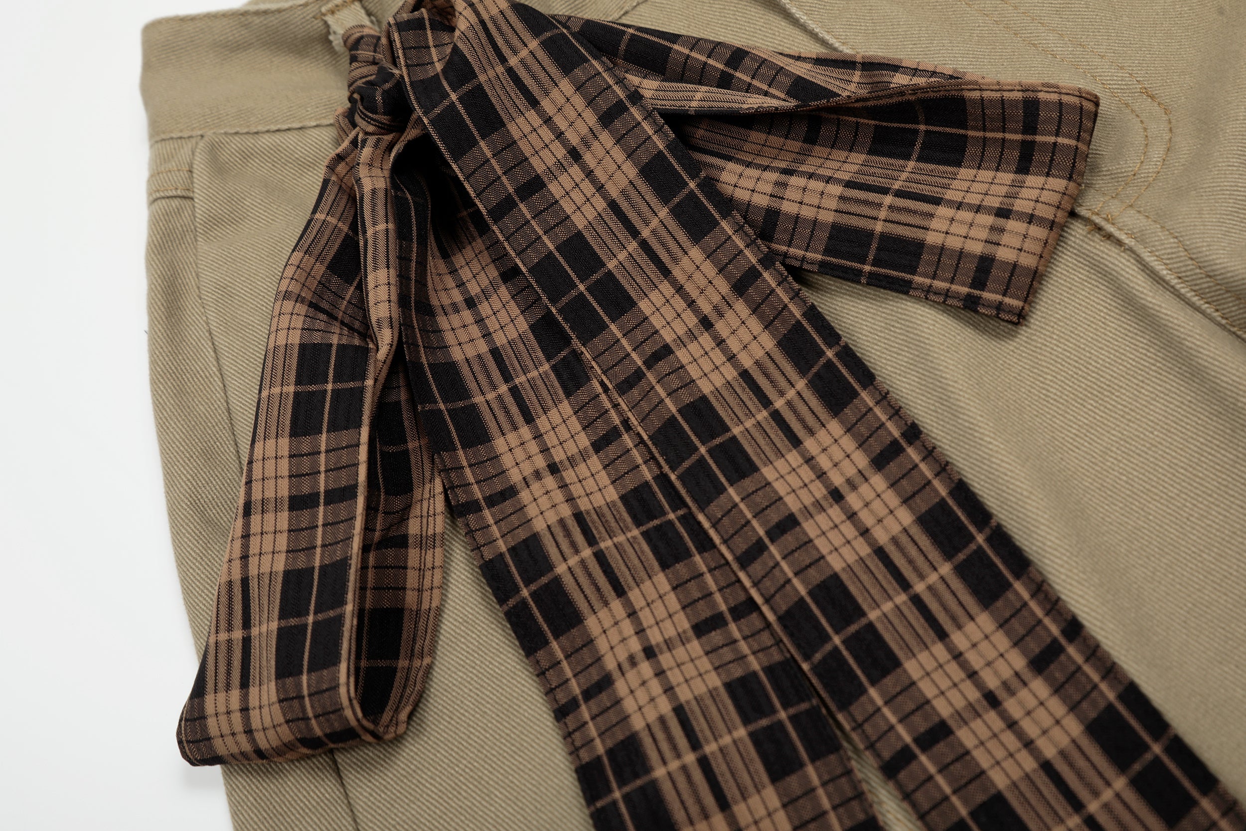 Plaid Tie-Belt Arc Wide-Leg Pants | 100% Cotton Streetwear