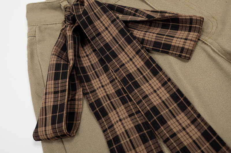 Plaid Tie-Belt Arc Wide-Leg Pants | 100% Cotton Streetwear