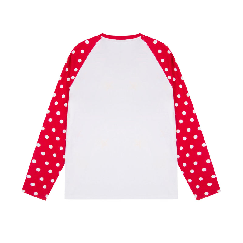 Back view of white raglan long sleeve tee with red polka dot sleeves