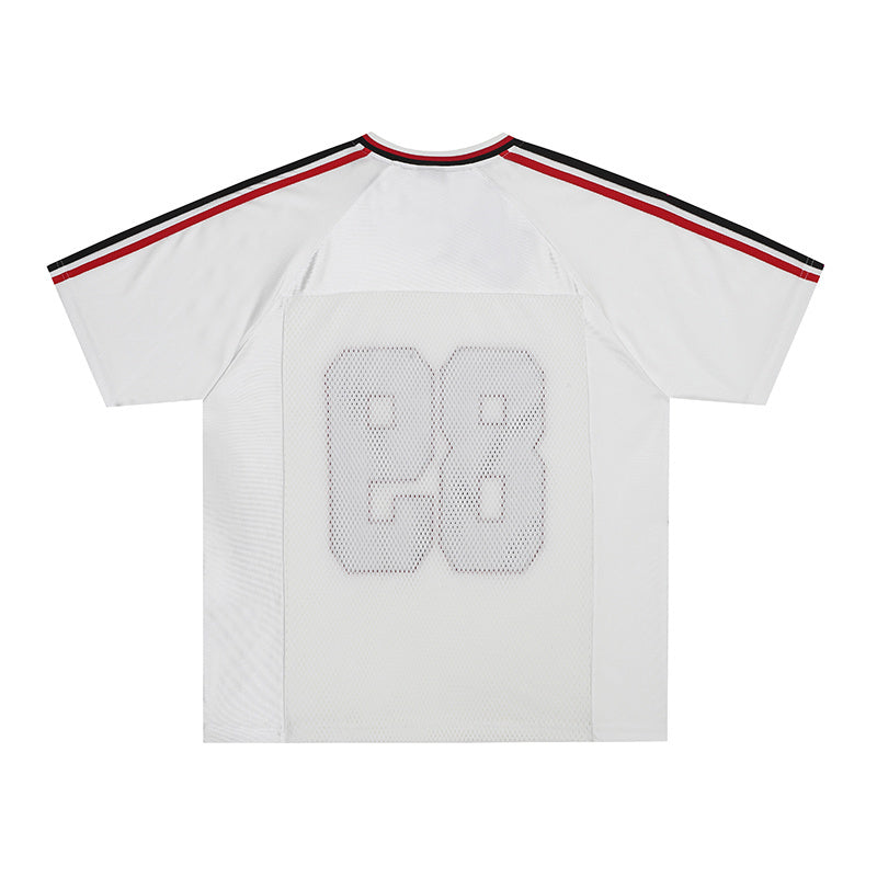 White oversized football jersey with mesh back, bold number 83 graphic, and red-black shoulder stripes