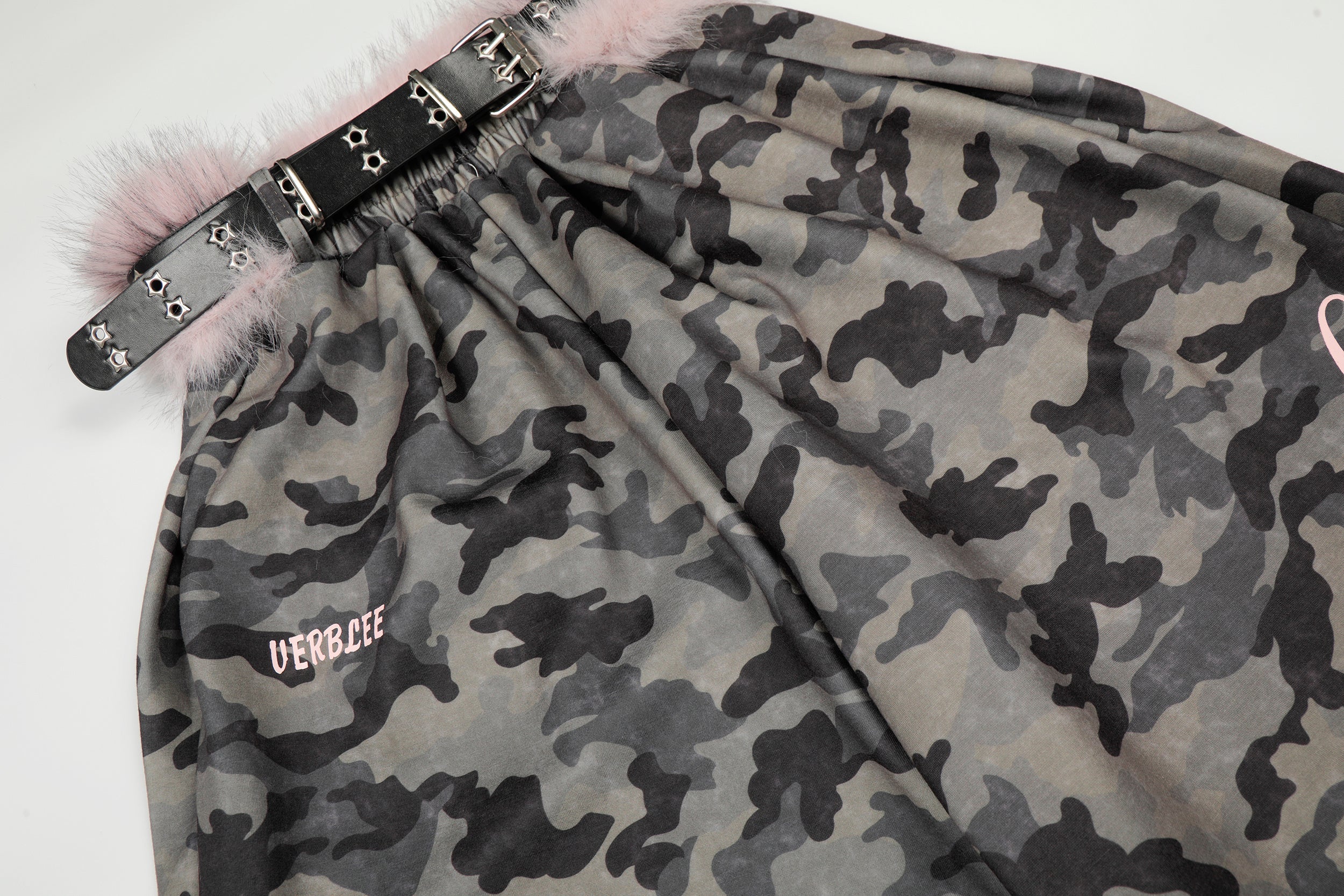 Camo Wide-Leg Pants with Pink Faux Fur Trim & Studded Belt