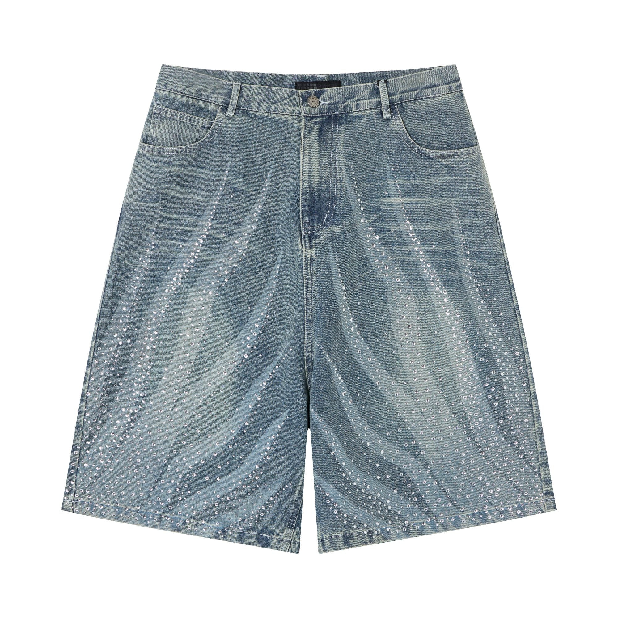 Front view of loose-fit light wash denim shorts with sweeping rhinestone embellishment on indigo cotton fabric