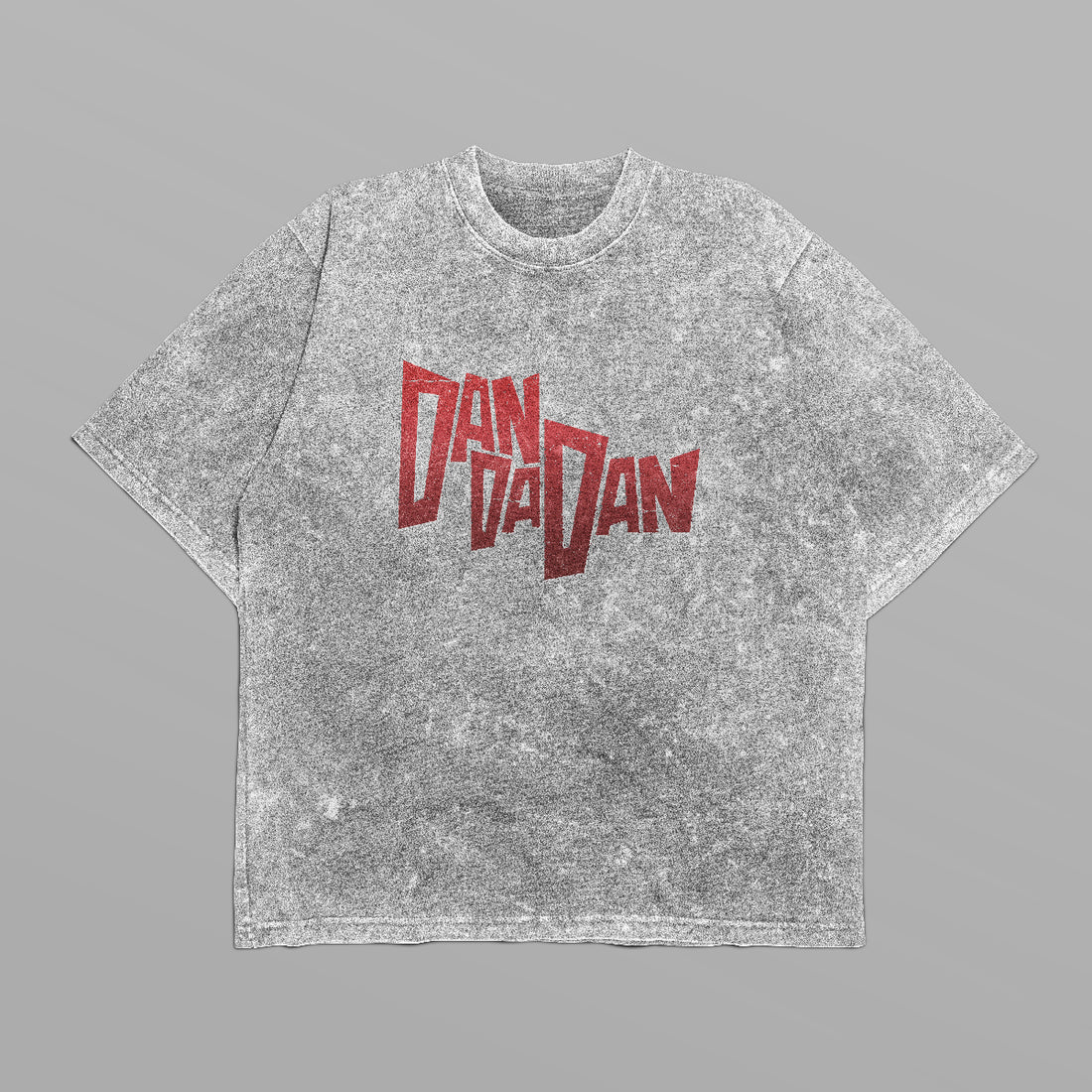 This Dandadan Oversized T-Shirt in sturdy 250 GSM cotton features a bold red &quot;Dan Da Dan&quot; logo, character group design on the back, and textured gray pattern, encapsulating anime streetwear style for a subtle yet stylish statement.