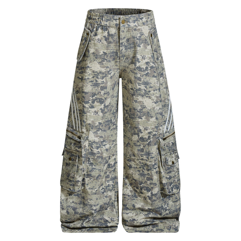 Front view of wide-leg camo cargo pants with reflective side stripes and flap cargo pockets