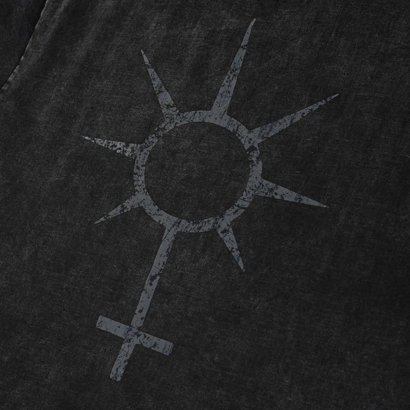Dark distressed gothic T-shirt with a faded spiked circular graphic and an inverted cross print on black fabric