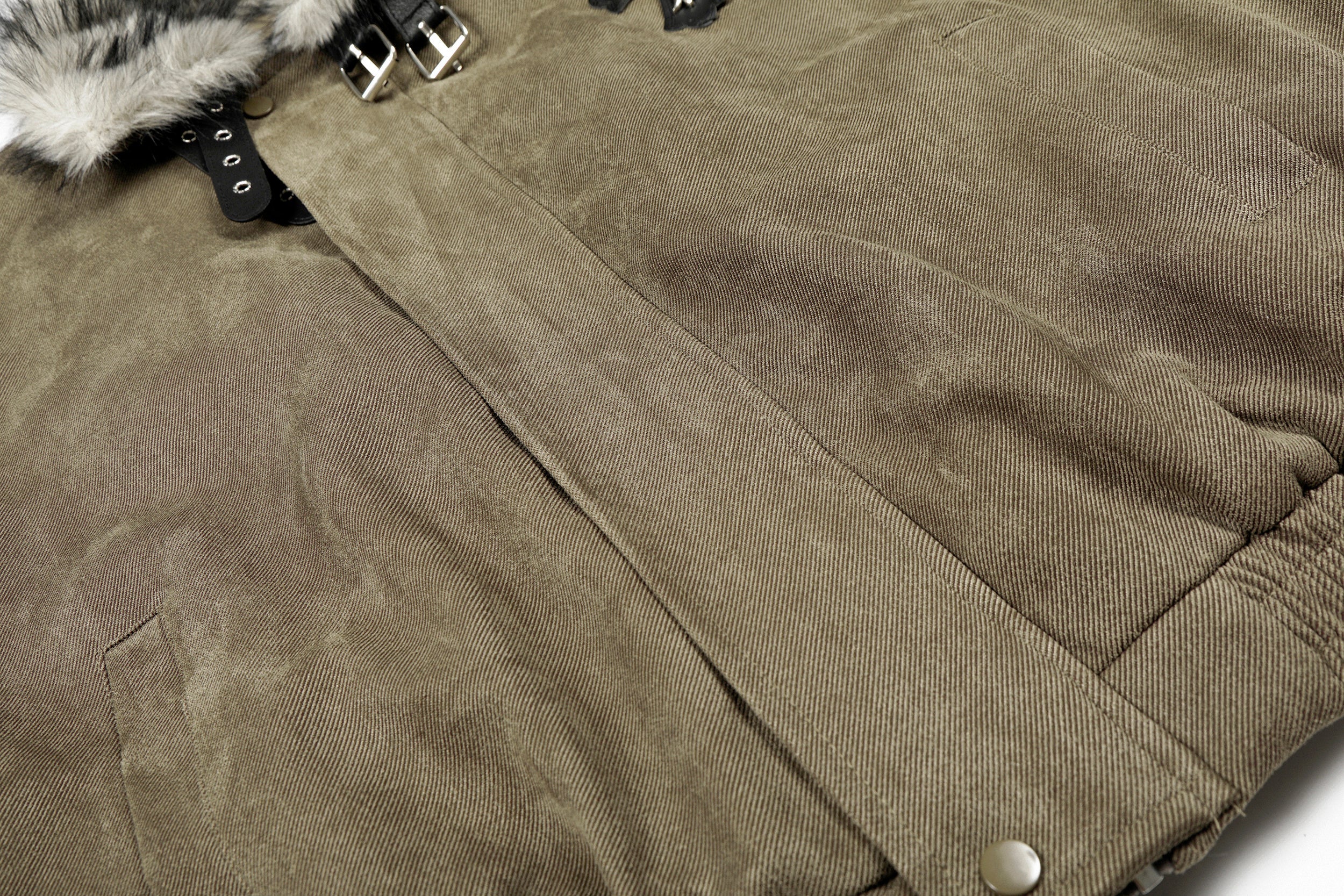 Faux Fur Collar Suede-Texture Buckle Bomber Jacket